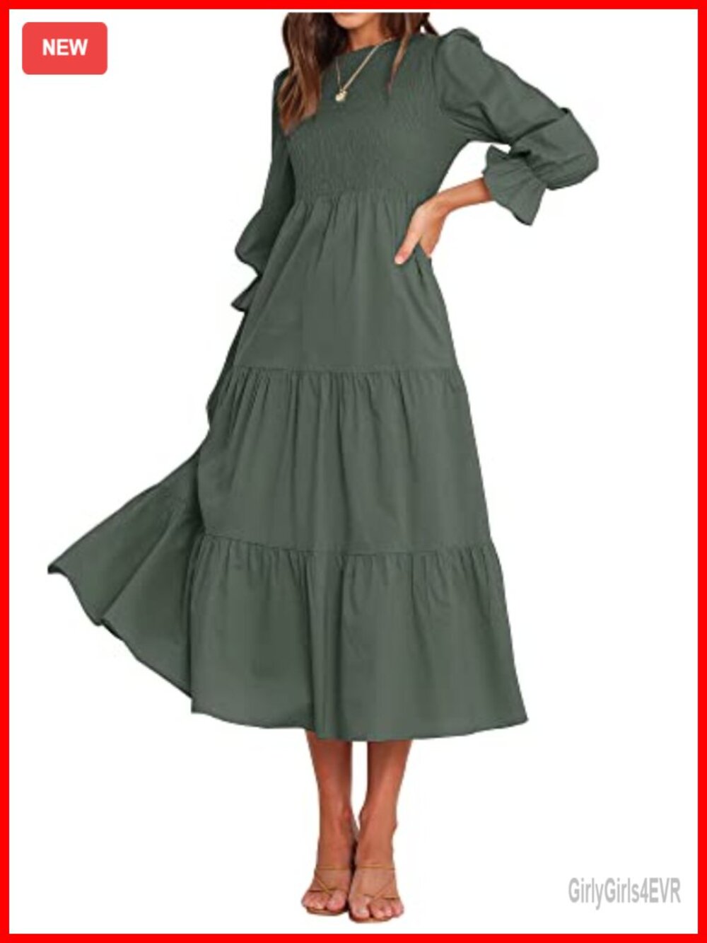 Women Long Sleeve Crew Neck Flowy Maxi Dress A-Line Ruffle Hem Smocked
